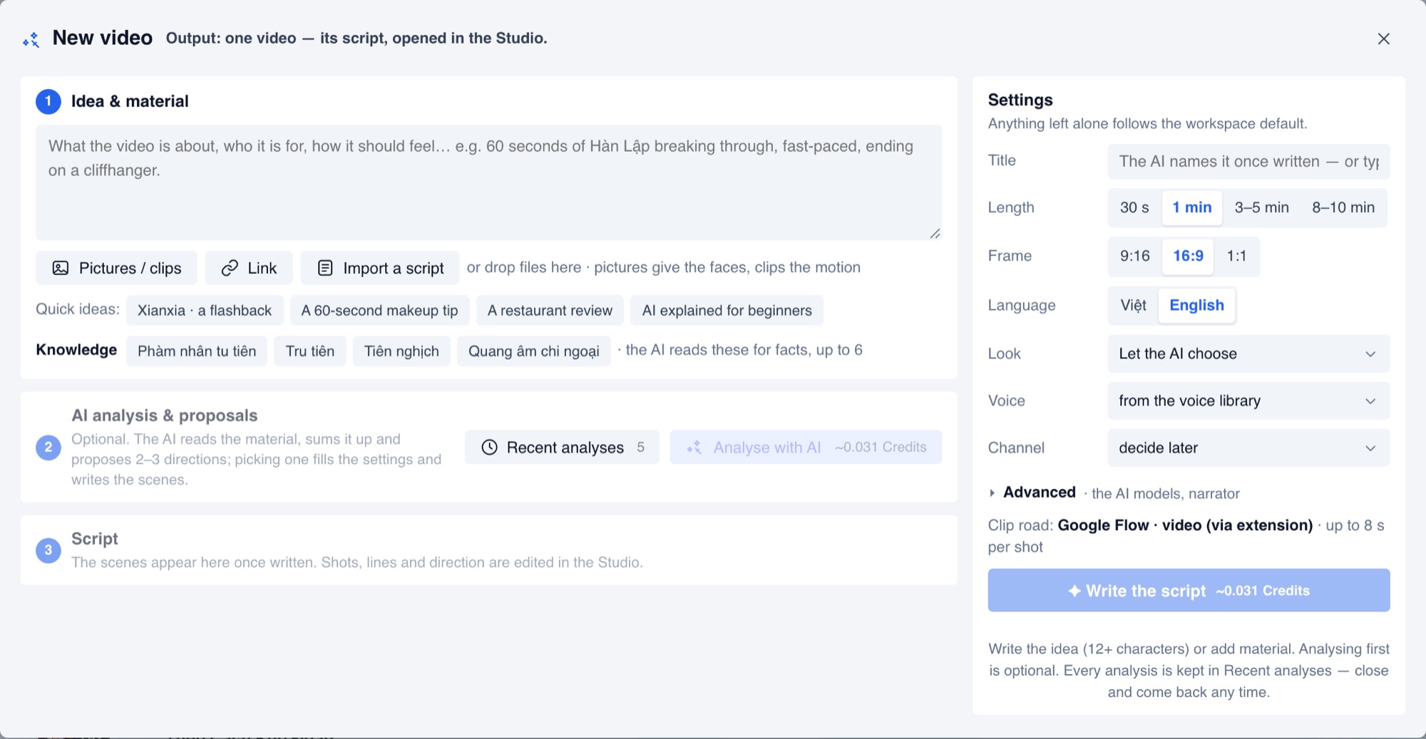The New video window: idea and material on the left, settings for length, frame, language, look and voice on the right.
