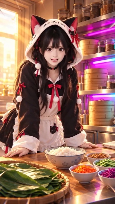 Four shots from “Cat Hoodie Girl Makes Zongzi”