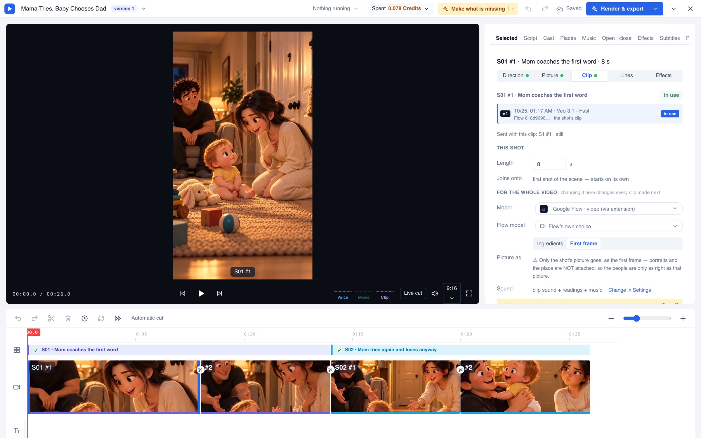 The Studio with a family scene in the player and two scenes of clips on the timeline.